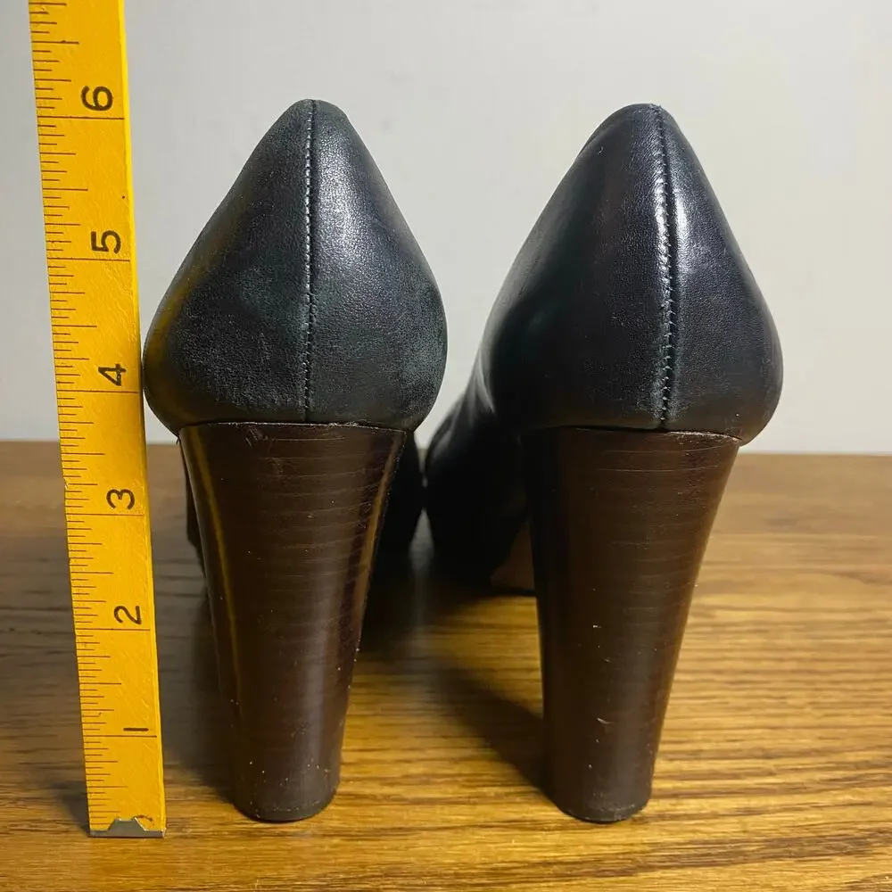 Tory Burch Women’s 7.5M Black Leather Block High Heel Pumps Big Logo Round Toe
